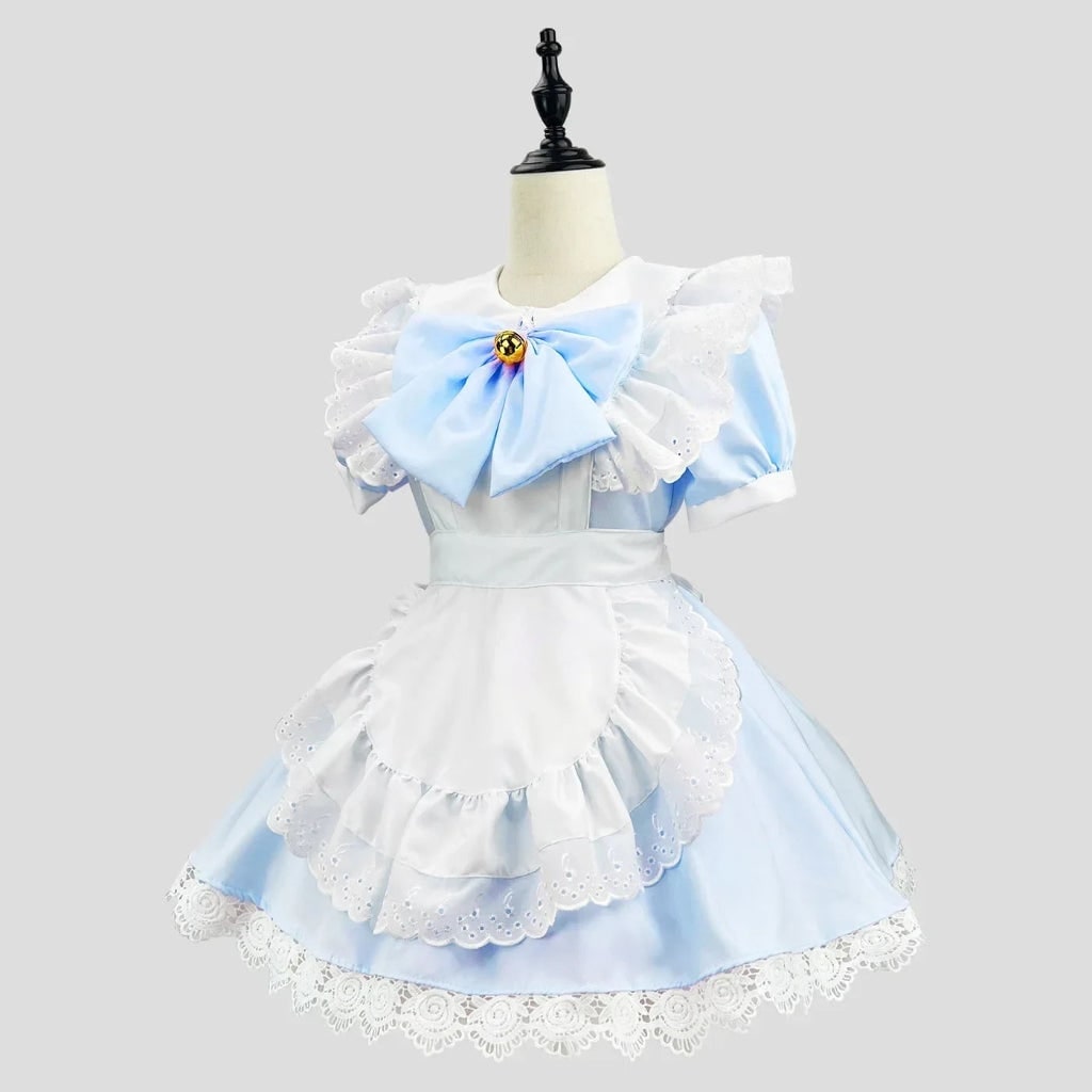 French Maid Halloween Costume with Ruffled Apron and Eyelet Lace Trim