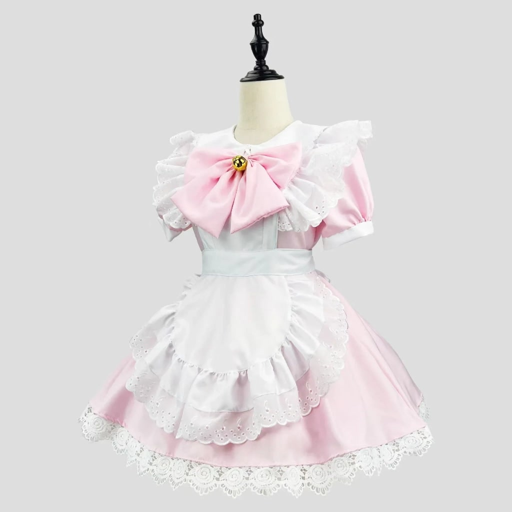French Maid Halloween Costume with Ruffled Apron and Eyelet Lace Trim