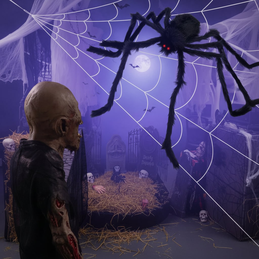 Giant Poseable Spider Decoration with Fuzzy Fur Bendable Wire Legs and Stretchy Web