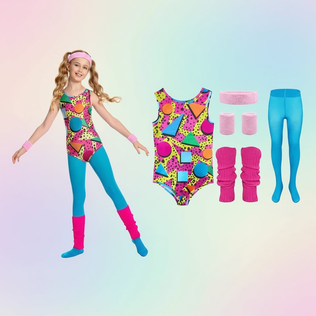 Girls 80s Aerobics Halloween Costume Set with Leotard Leggings and Leg Warmers