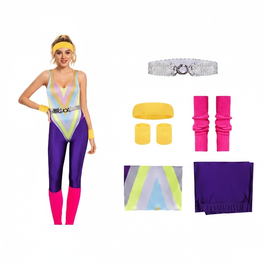 Girls 80s Aerobics Halloween Costume Set with Leotard Leggings and Leg Warmers