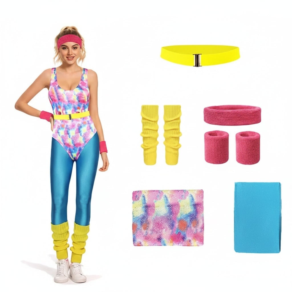 Girls 80s Aerobics Halloween Costume Set with Leotard Leggings and Leg Warmers