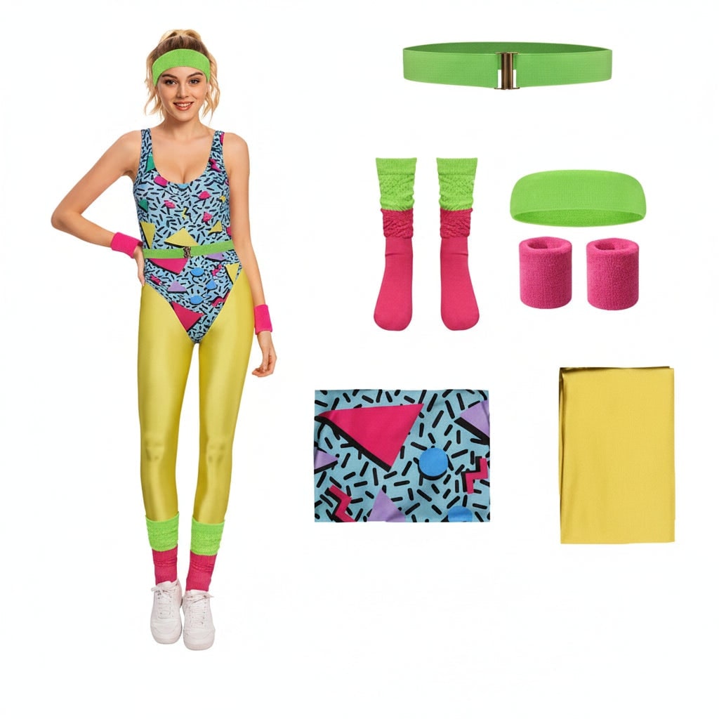 Girls 80s Aerobics Halloween Costume Set with Leotard Leggings and Leg Warmers