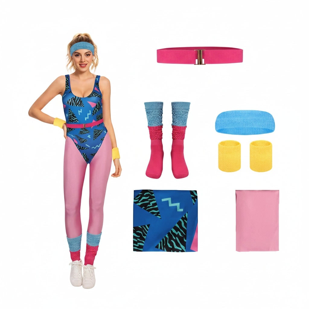 Girls 80s Aerobics Halloween Costume Set with Leotard Leggings and Leg Warmers