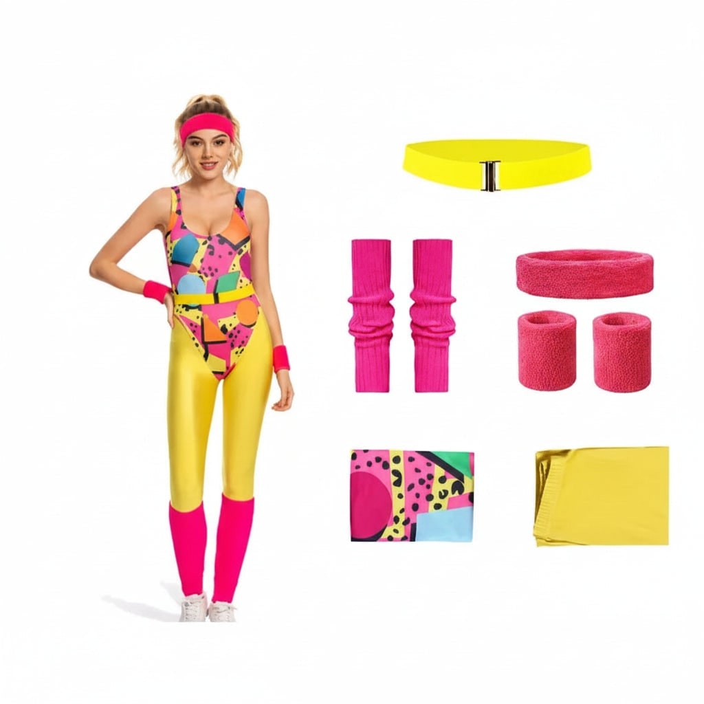 Girls 80s Aerobics Halloween Costume Set with Leotard Leggings and Leg Warmers