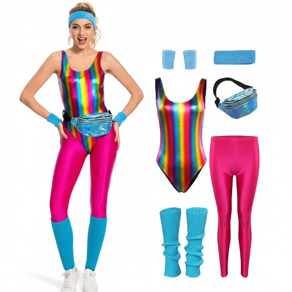 Girls 80s Aerobics Halloween Costume Set with Leotard Leggings and Leg Warmers