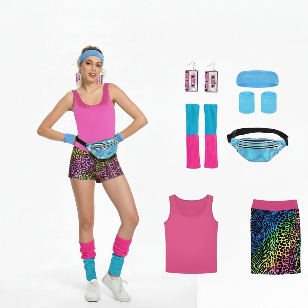 Girls 80s Aerobics Halloween Costume Set with Leotard Leggings and Leg Warmers