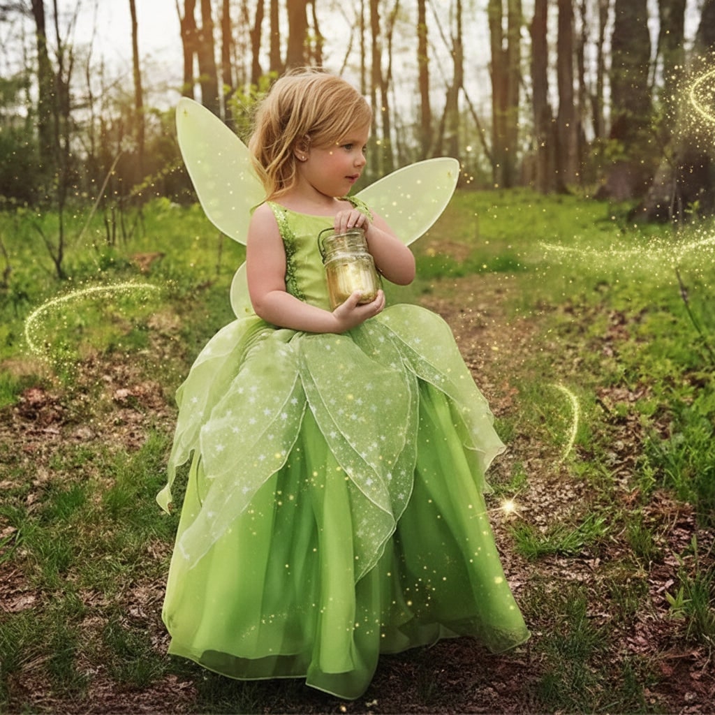 Fairy Halloween Costume Dress for Girls with Sheer Wings and Layered Tulle Skirt