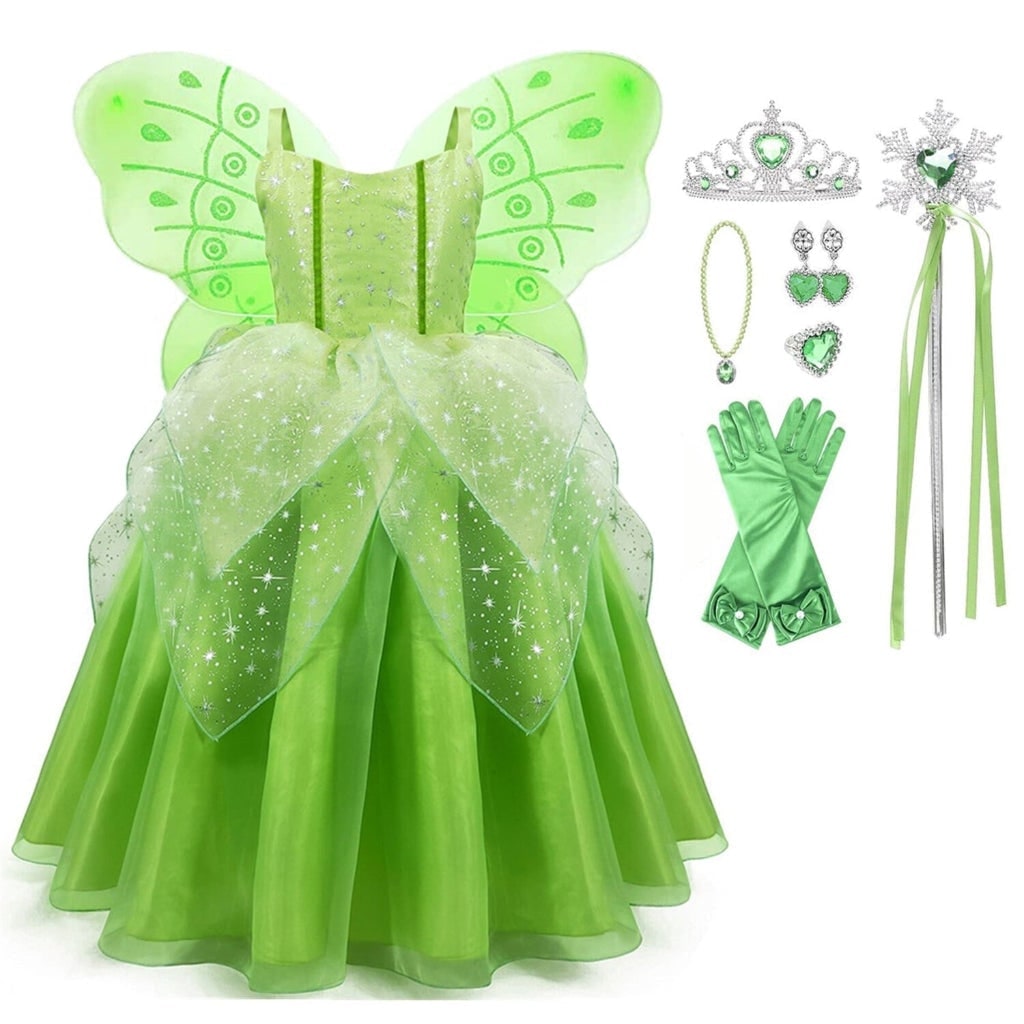 Fairy Halloween Costume Dress for Girls with Sheer Wings and Layered Tulle Skirt