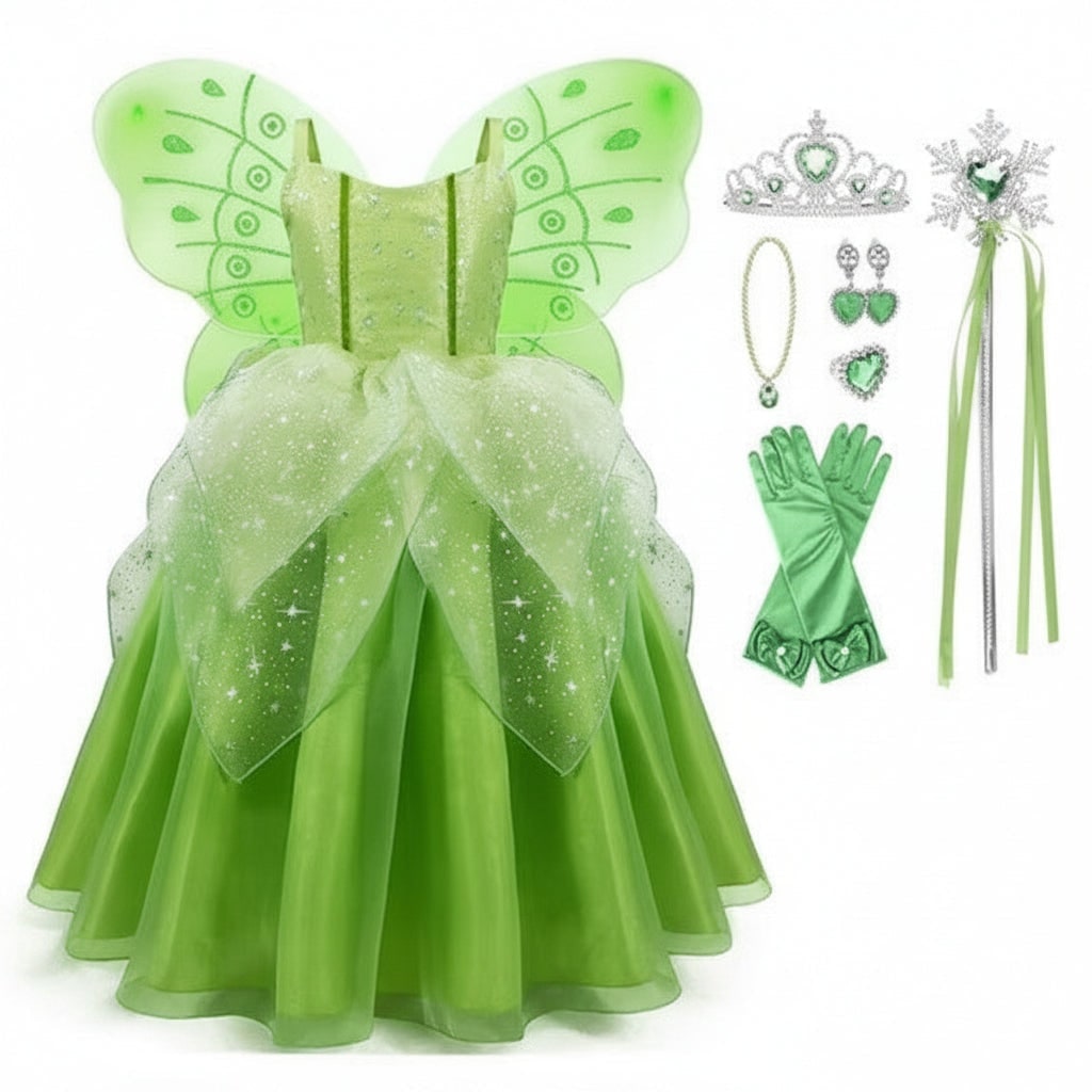 Fairy Halloween Costume Dress for Girls with Sheer Wings and Layered Tulle Skirt