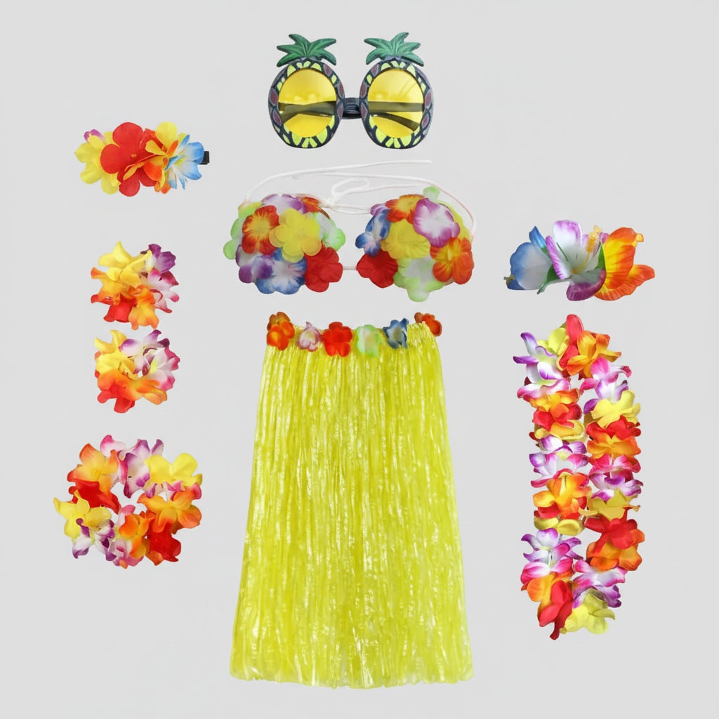 Group Halloween Costumes Hula Skirt Set for Four with Flower Lei Headband and Wristbands