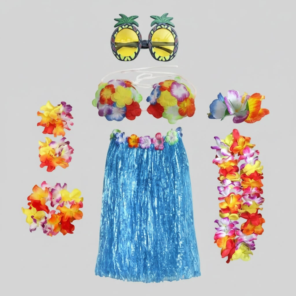 Group Halloween Costumes Hula Skirt Set for Four with Flower Lei Headband and Wristbands