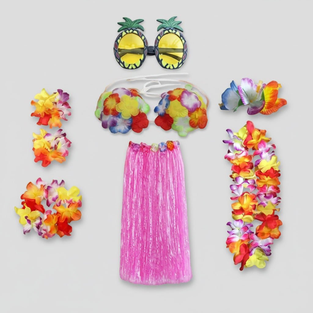 Group Halloween Costumes Hula Skirt Set for Four with Flower Lei Headband and Wristbands