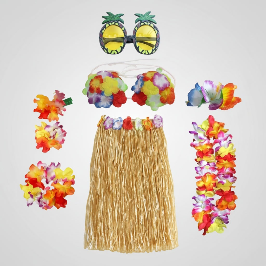 Group Halloween Costumes Hula Skirt Set for Four with Flower Lei Headband and Wristbands