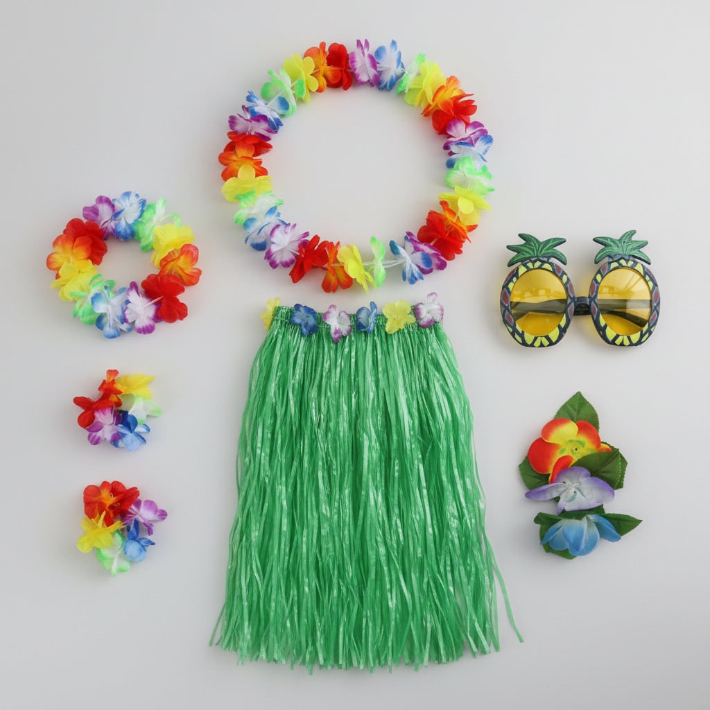 Group Halloween Costumes Hula Skirt Set for Four with Flower Lei Headband and Wristbands