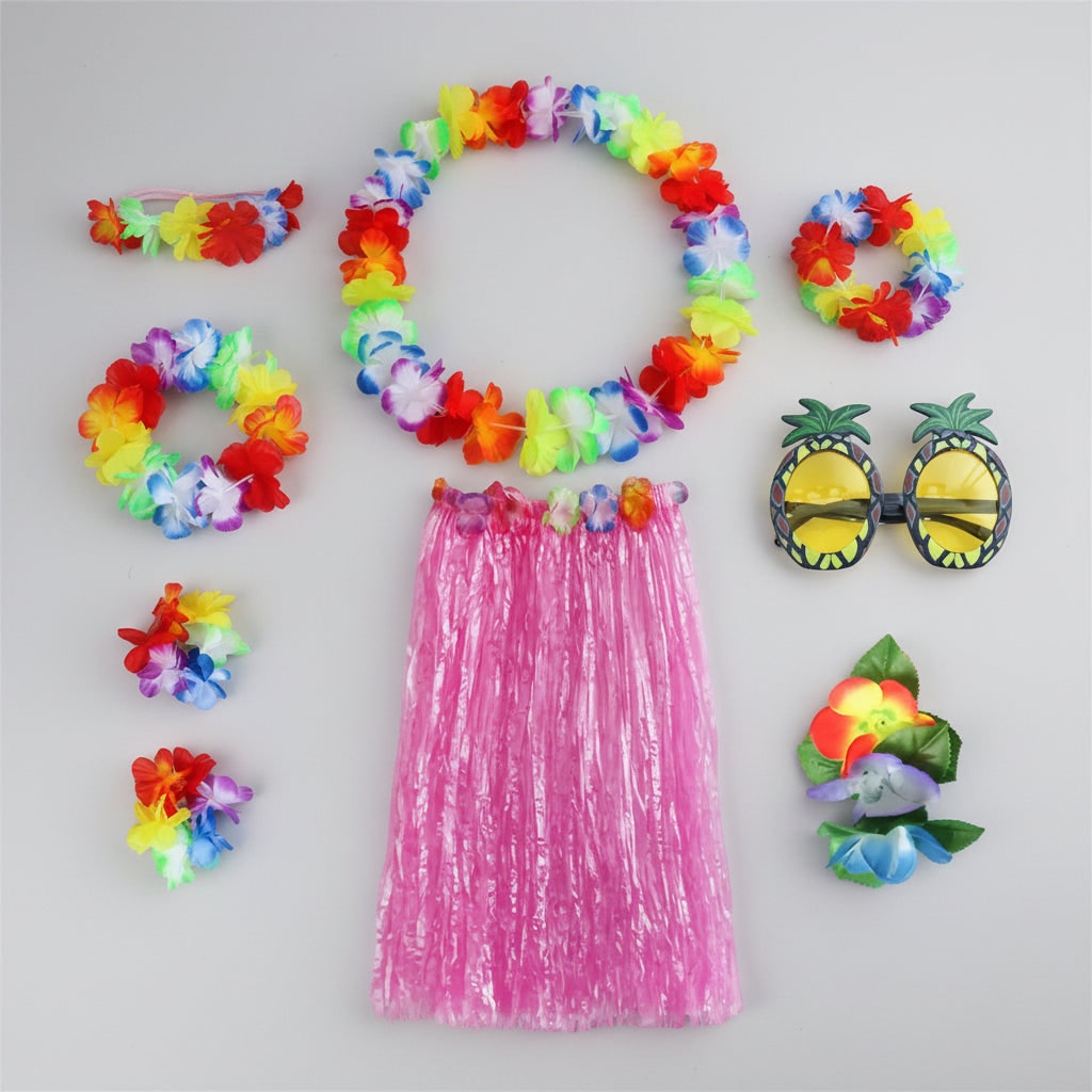 Group Halloween Costumes Hula Skirt Set for Four with Flower Lei Headband and Wristbands