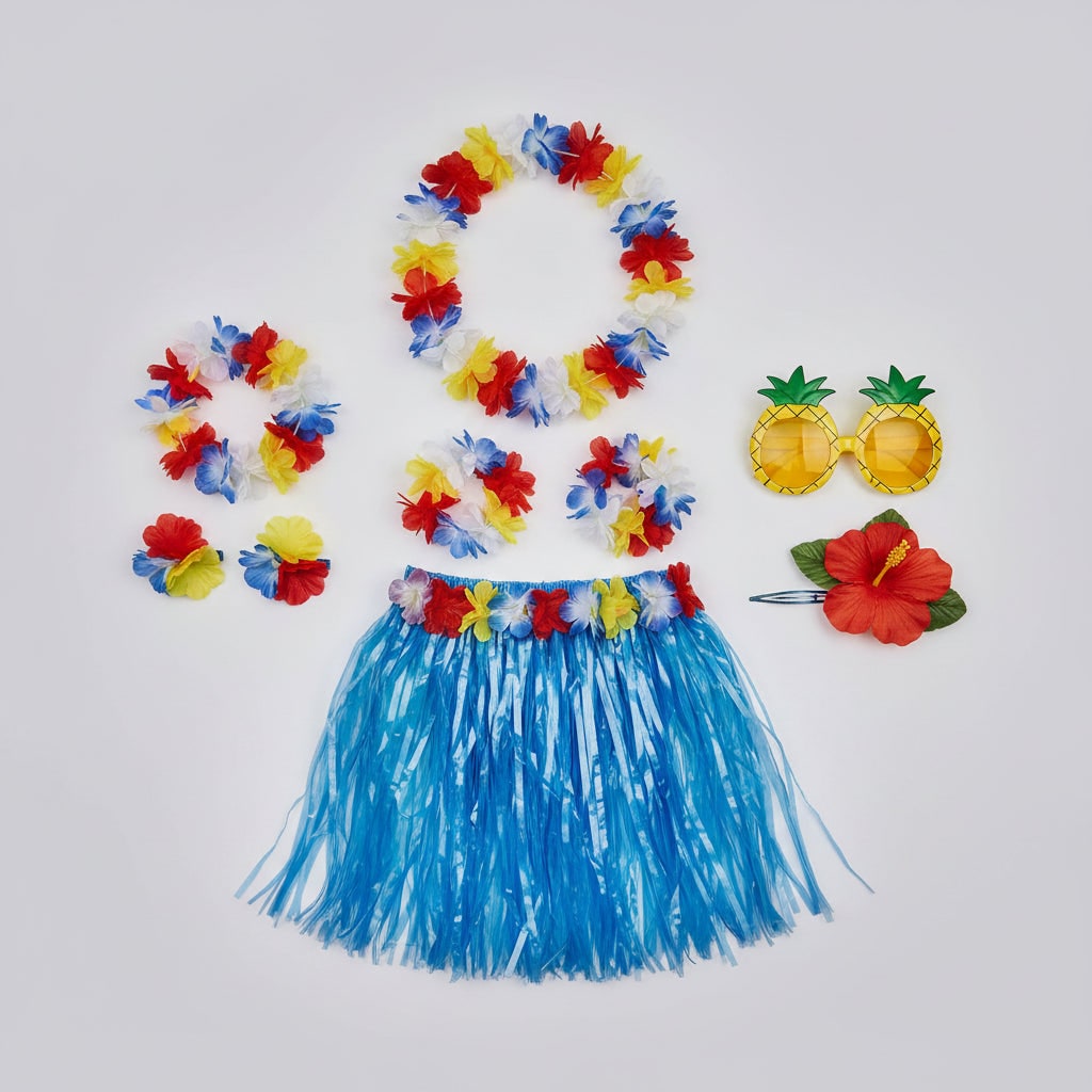 Group Halloween Costumes Hula Skirt Set for Four with Flower Lei Headband and Wristbands