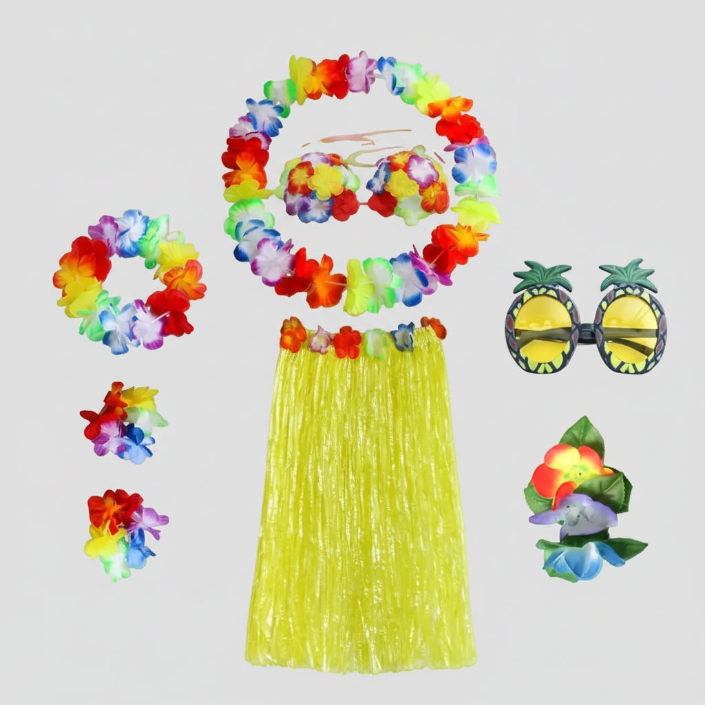 Group Halloween Costumes Hula Skirt Set for Four with Flower Lei Headband and Wristbands