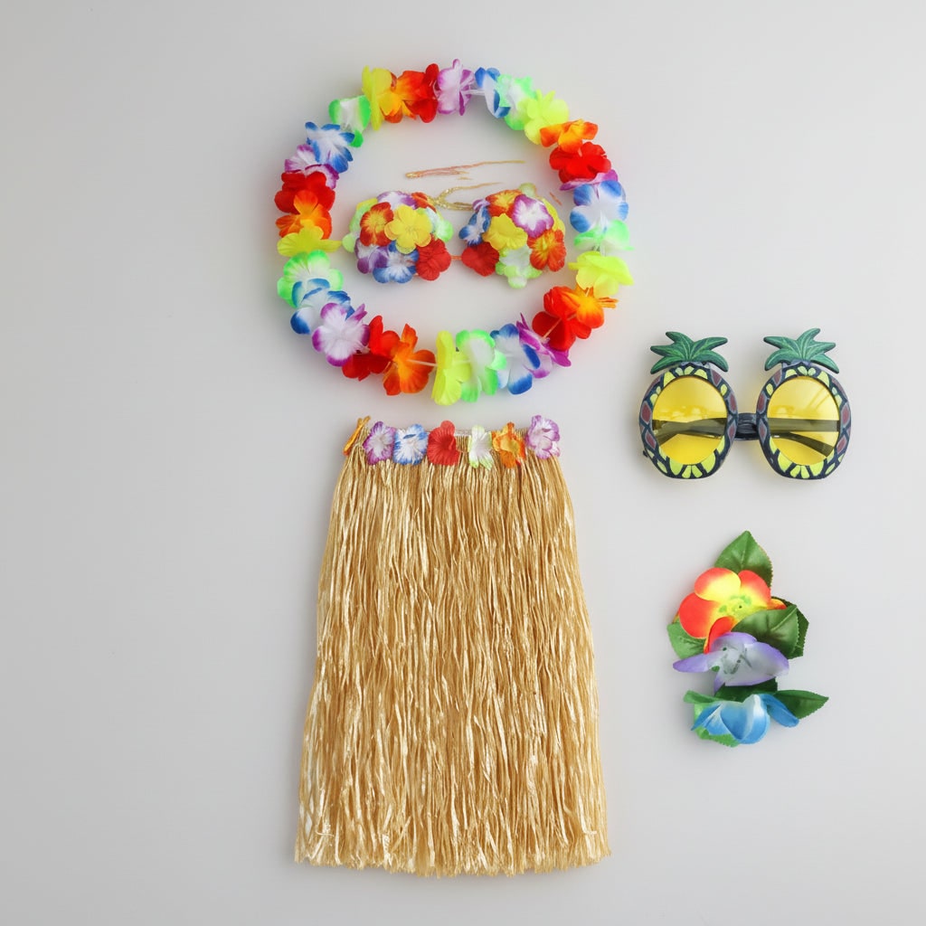 Group Halloween Costumes Hula Skirt Set for Four with Flower Lei Headband and Wristbands