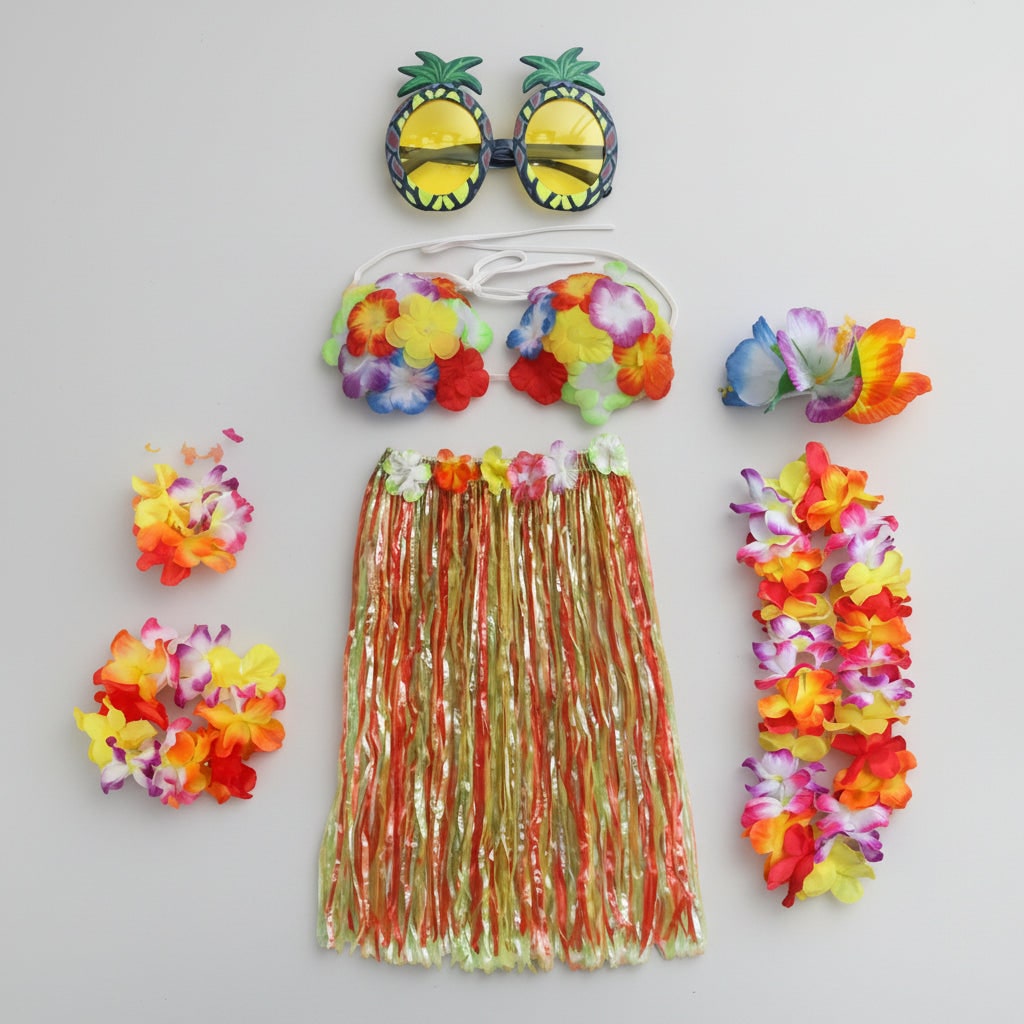 Group Halloween Costumes Hula Skirt Set for Four with Flower Lei Headband and Wristbands