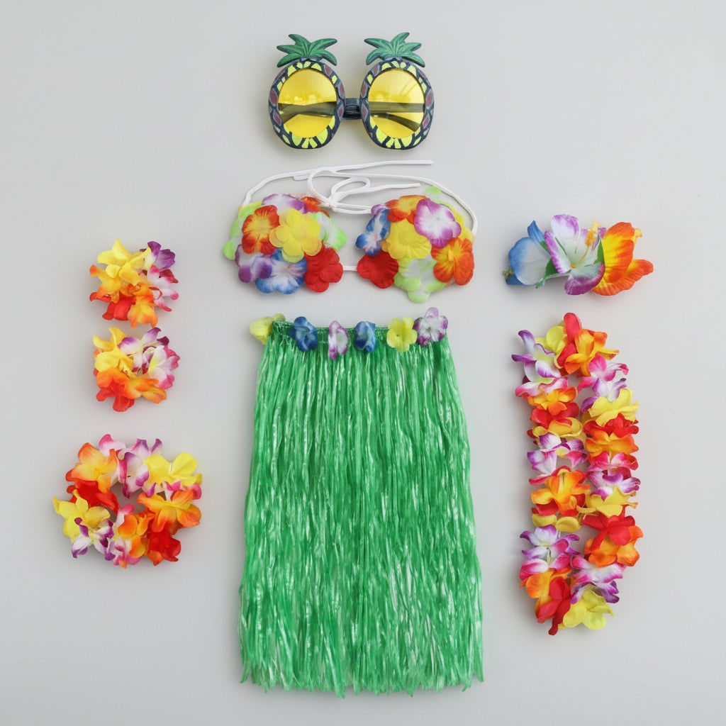 Group Halloween Costumes Hula Skirt Set for Four with Flower Lei Headband and Wristbands