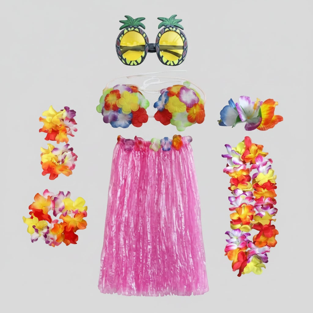 Group Halloween Costumes Hula Skirt Set for Four with Flower Lei Headband and Wristbands