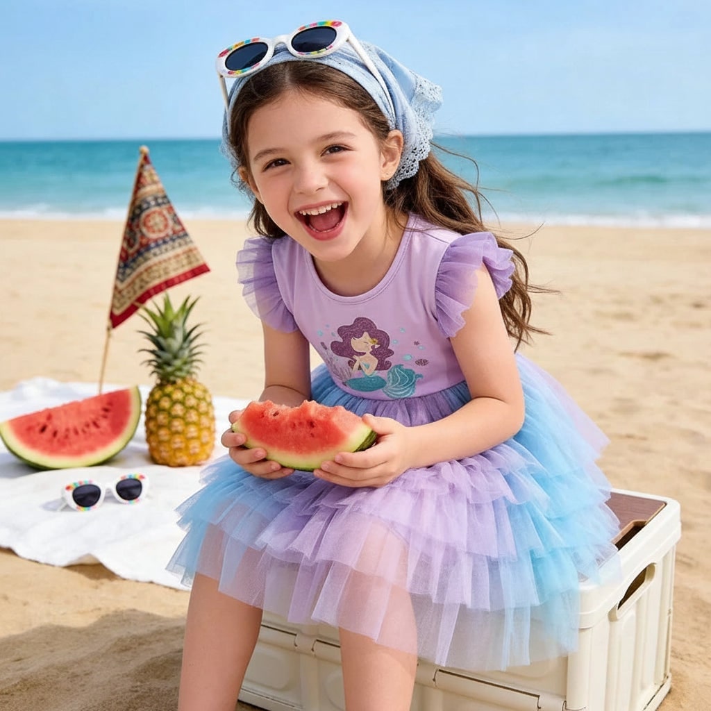 Girls Mermaid Halloween Costume Tutu Dress with Tiered Tulle Skirt and Cap Sleeves