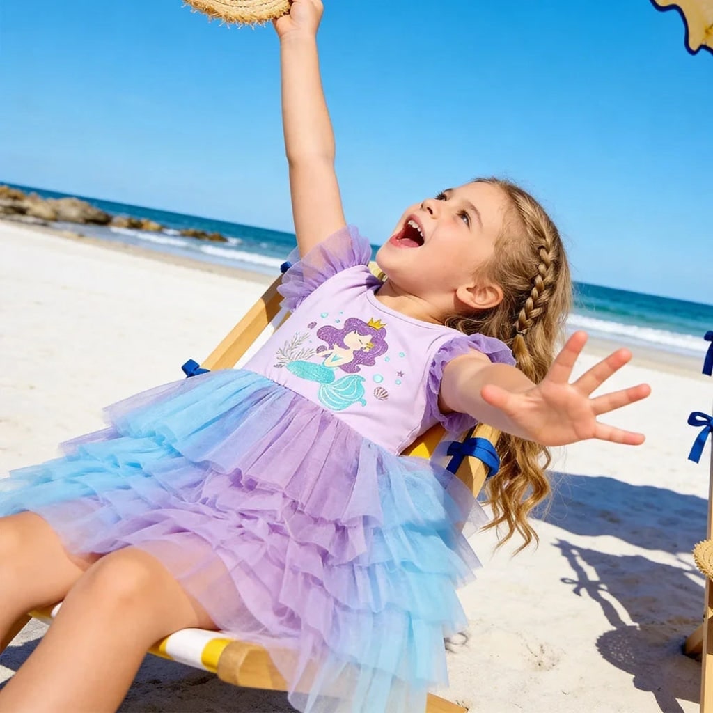 Girls Mermaid Halloween Costume Tutu Dress with Tiered Tulle Skirt and Cap Sleeves