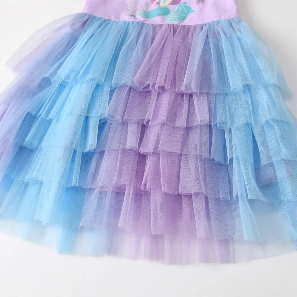 Girls Mermaid Halloween Costume Tutu Dress with Tiered Tulle Skirt and Cap Sleeves