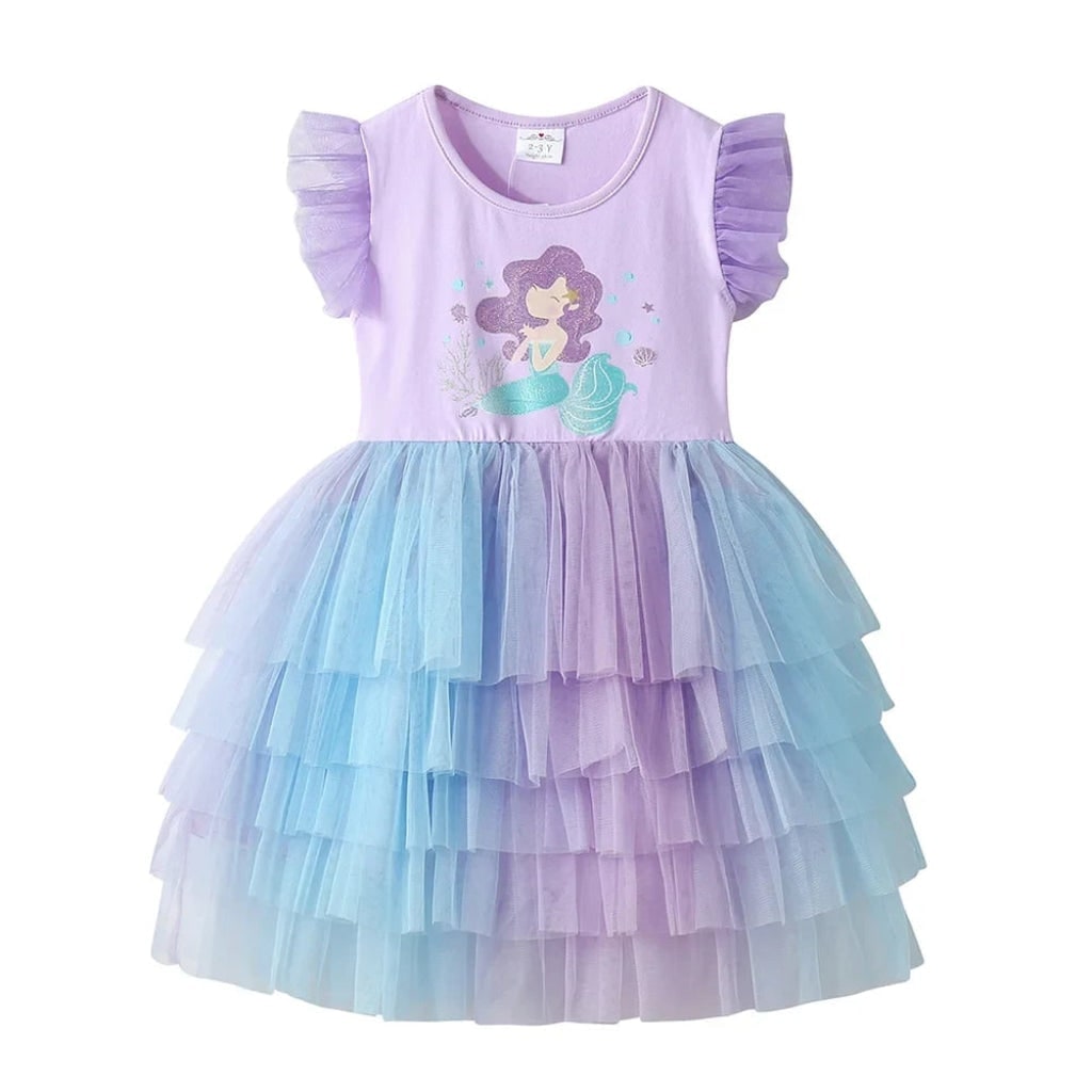Girls Mermaid Halloween Costume Tutu Dress with Tiered Tulle Skirt and Cap Sleeves