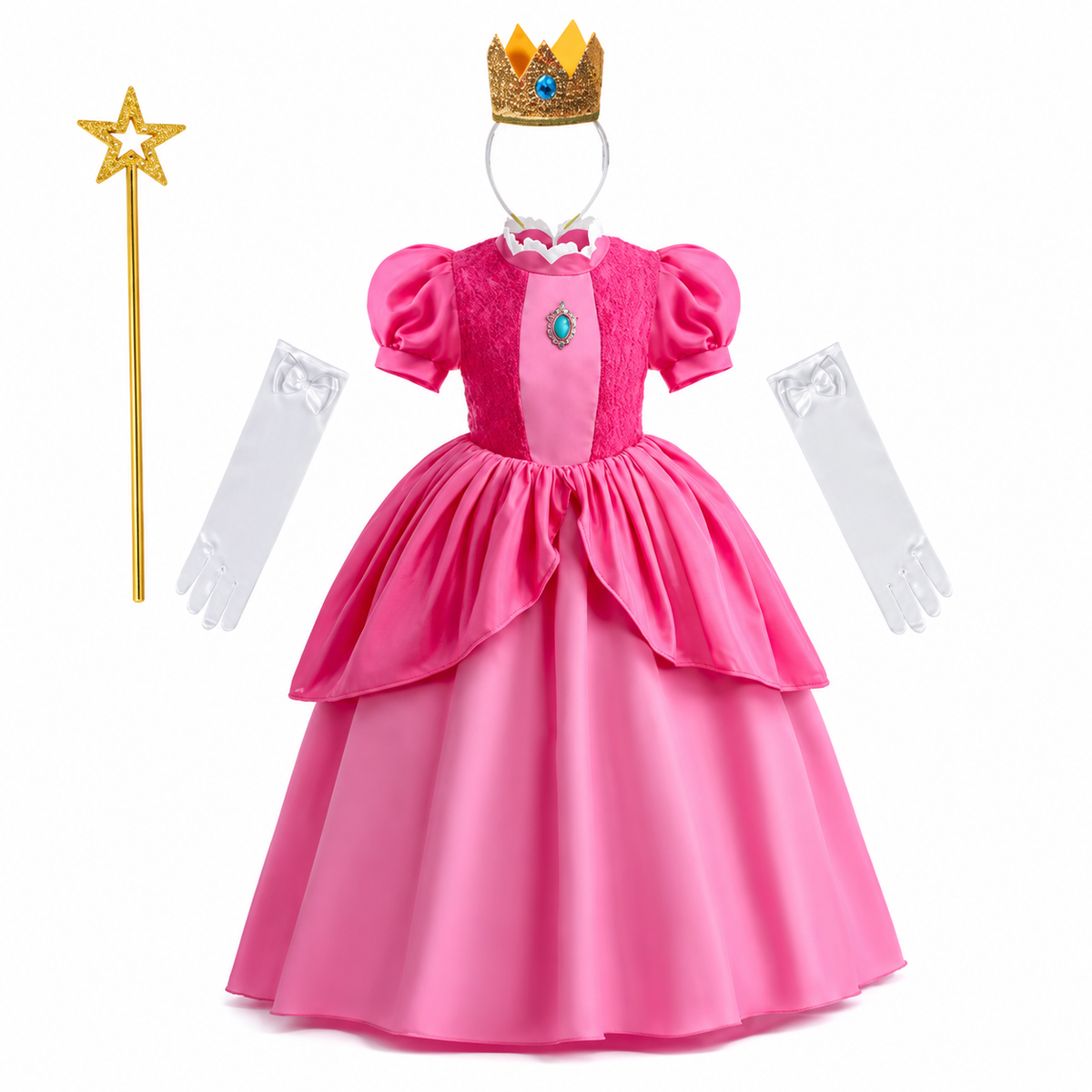 Girls Halloween Toadstool Princess Costume Dress with Crown Wand and Gloves