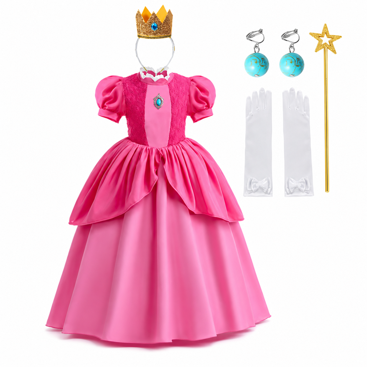 Girls Halloween Toadstool Princess Costume Dress with Crown Wand and Gloves