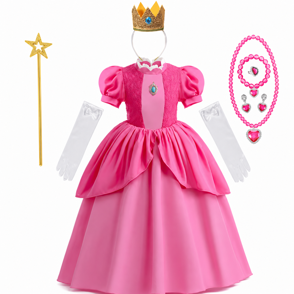 Girls Halloween Toadstool Princess Costume Dress with Crown Wand and Gloves