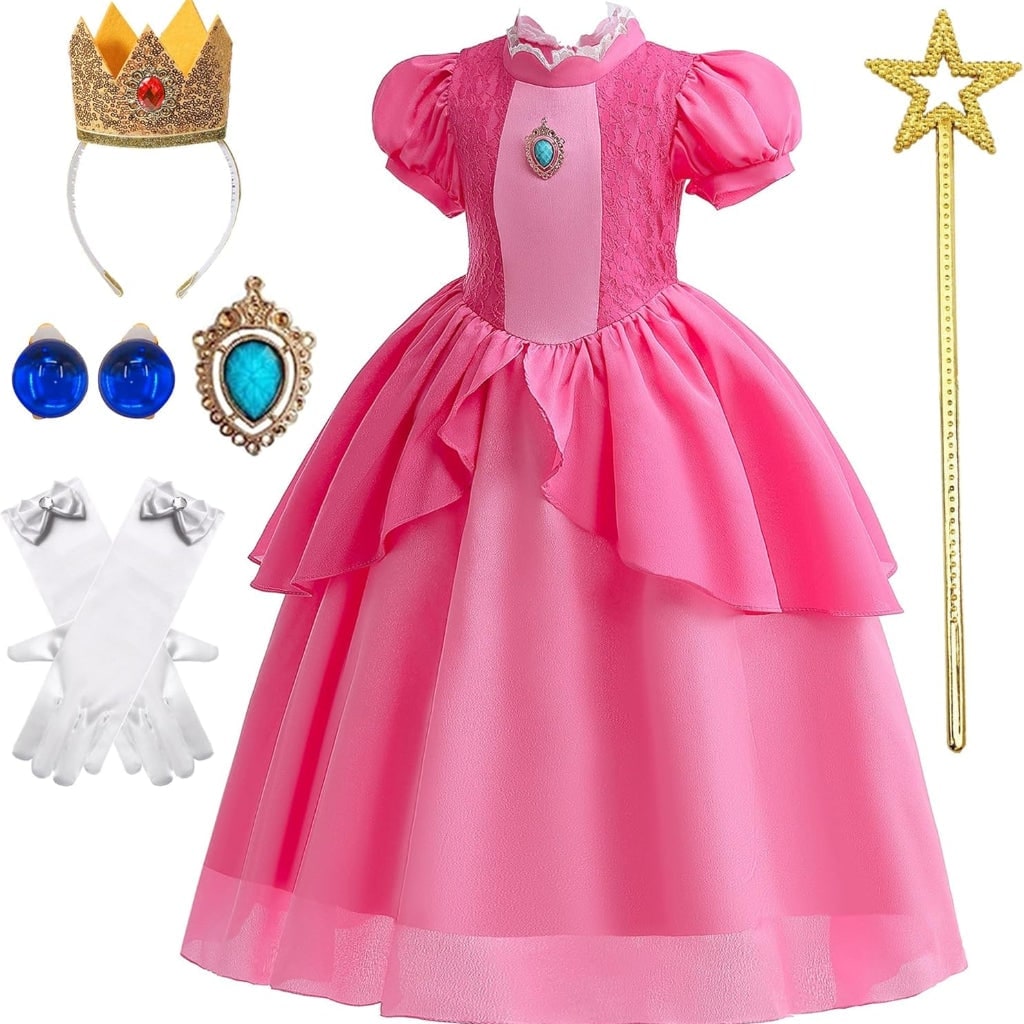 Girls Halloween Toadstool Princess Costume Dress with Crown Wand and Gloves