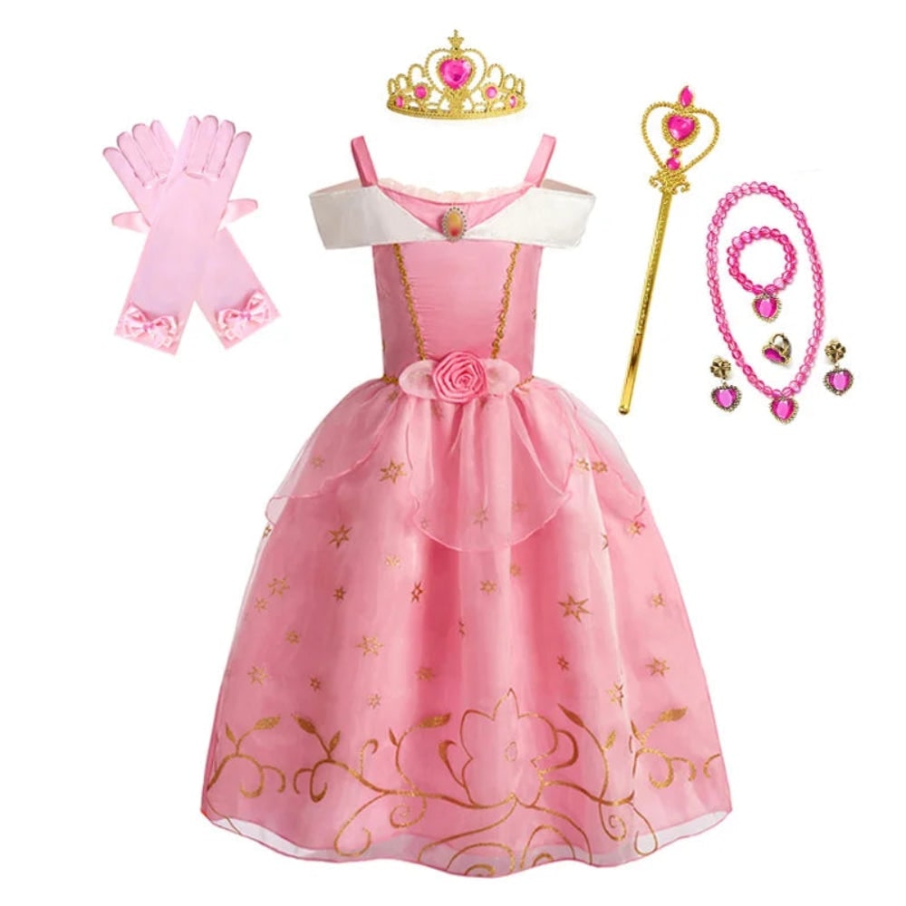 Girls Halloween Princess Dress Up Costume with Layered Tulle Skirt and Satin Bodice