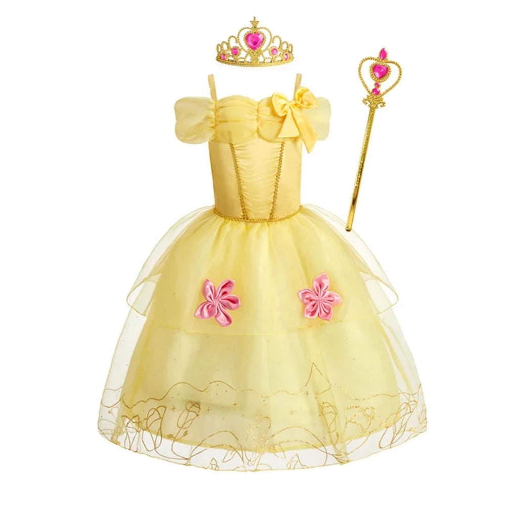 Girls Halloween Princess Dress Up Costume with Layered Tulle Skirt and Satin Bodice