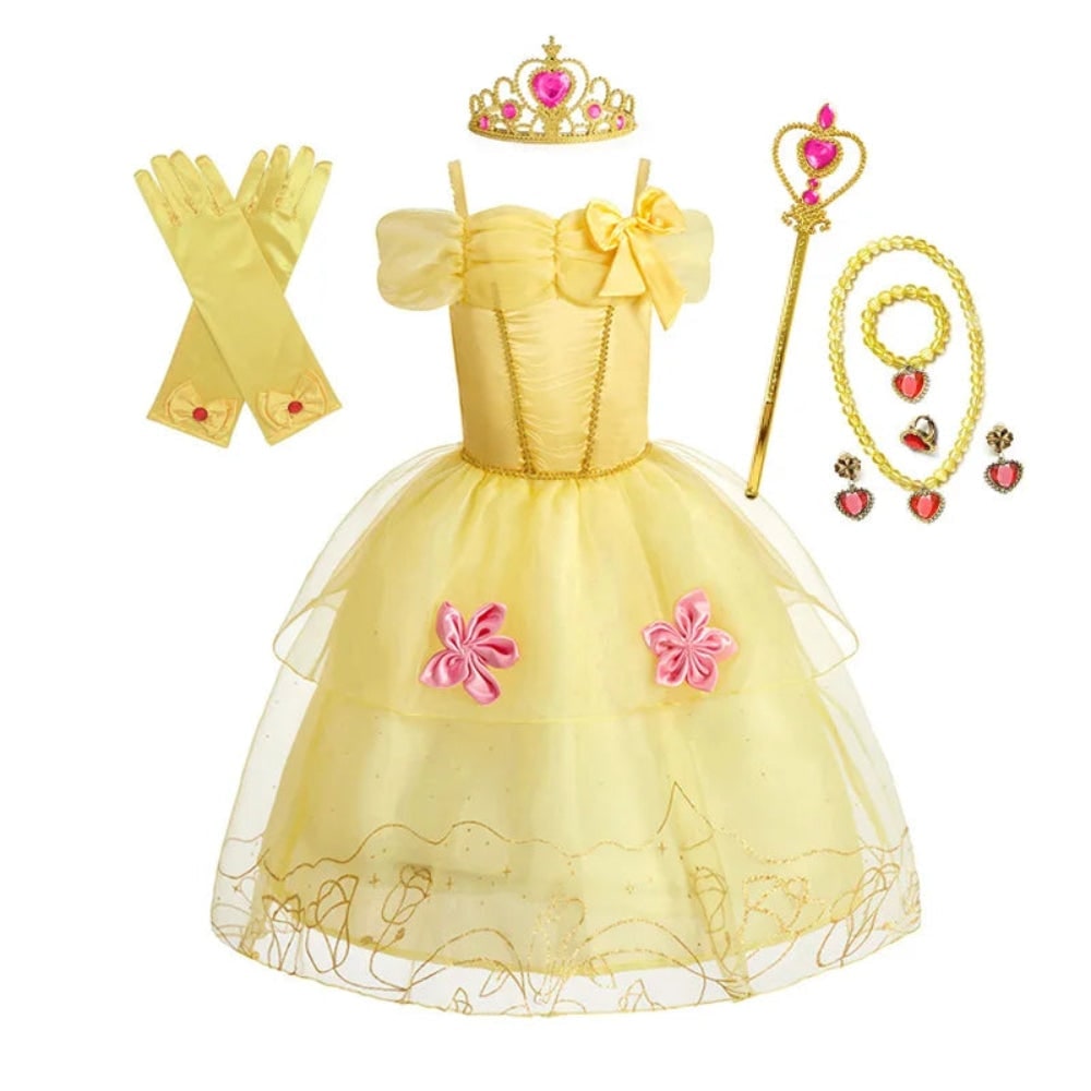 Girls Halloween Princess Dress Up Costume with Layered Tulle Skirt and Satin Bodice