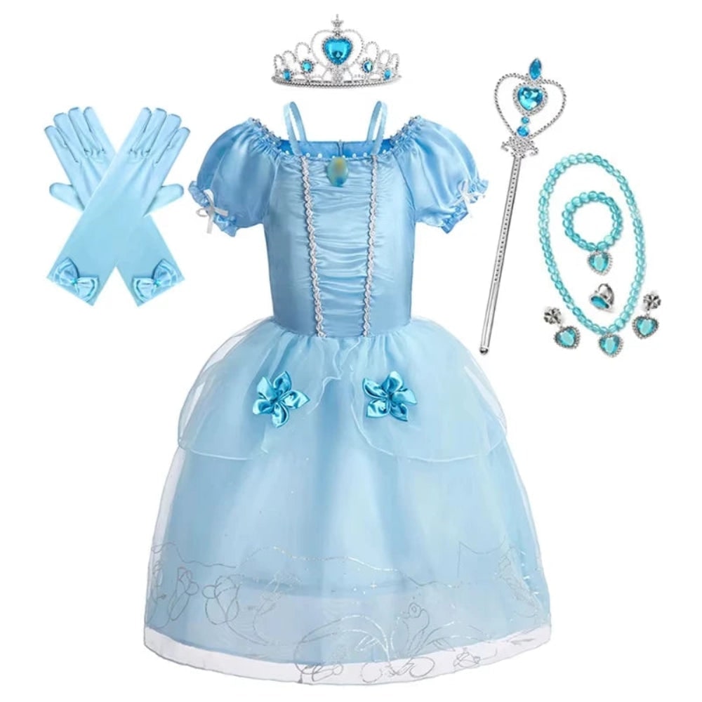 Girls Halloween Princess Dress Up Costume with Layered Tulle Skirt and Satin Bodice