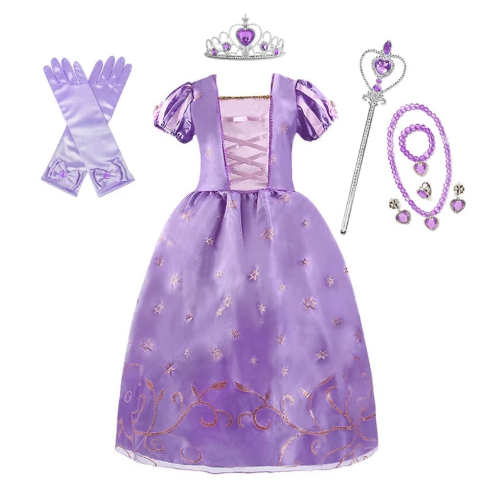 Girls Halloween Princess Dress Up Costume with Layered Tulle Skirt and Satin Bodice