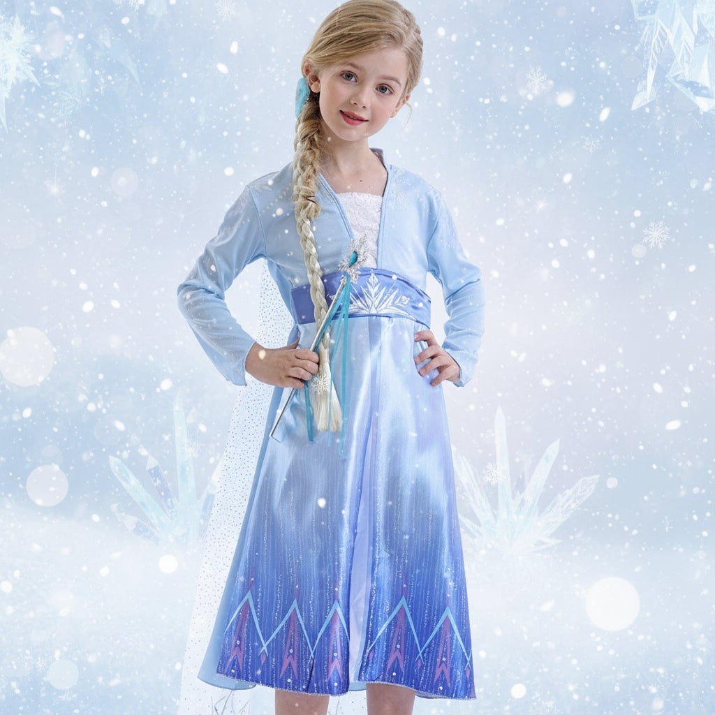 Girls Princess Halloween Costume with Satin Gown Cape and Snowflake Wand Set