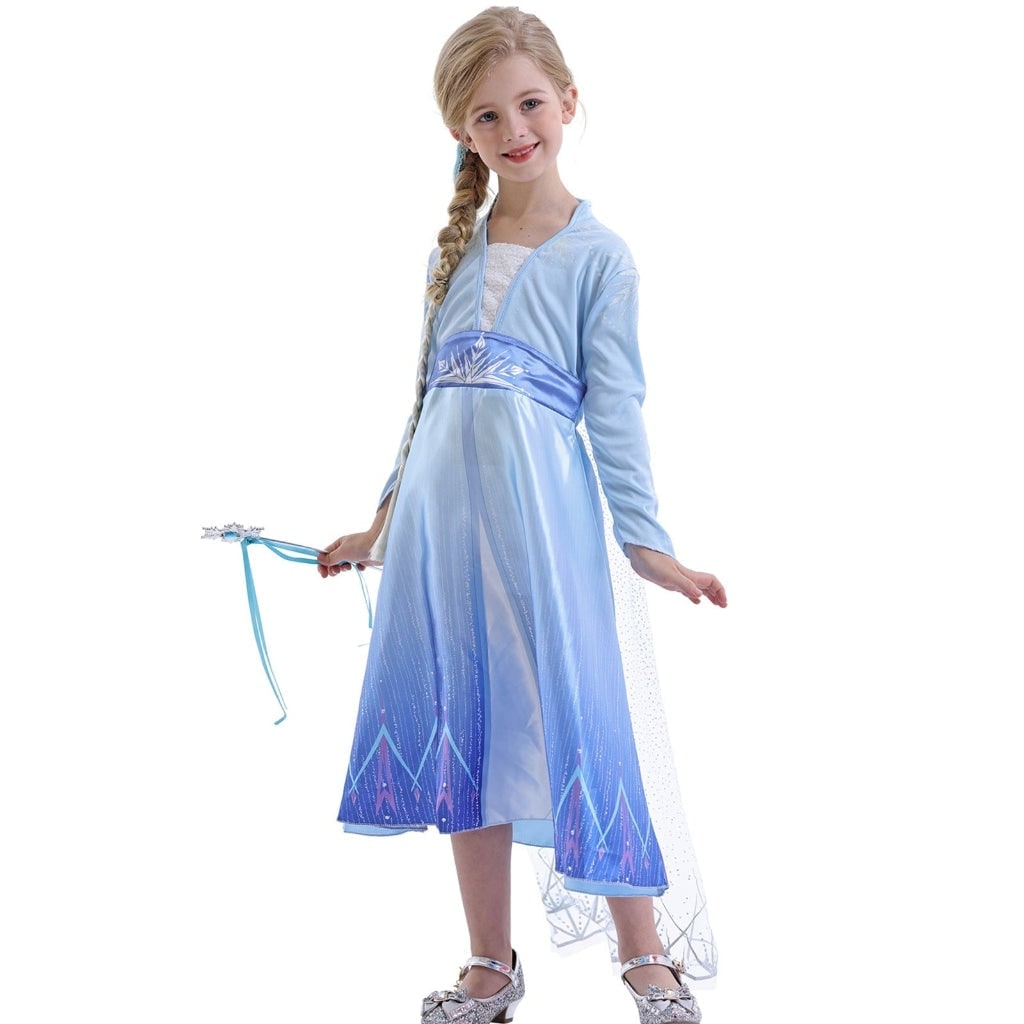 Girls Princess Halloween Costume with Satin Gown Cape and Snowflake Wand Set
