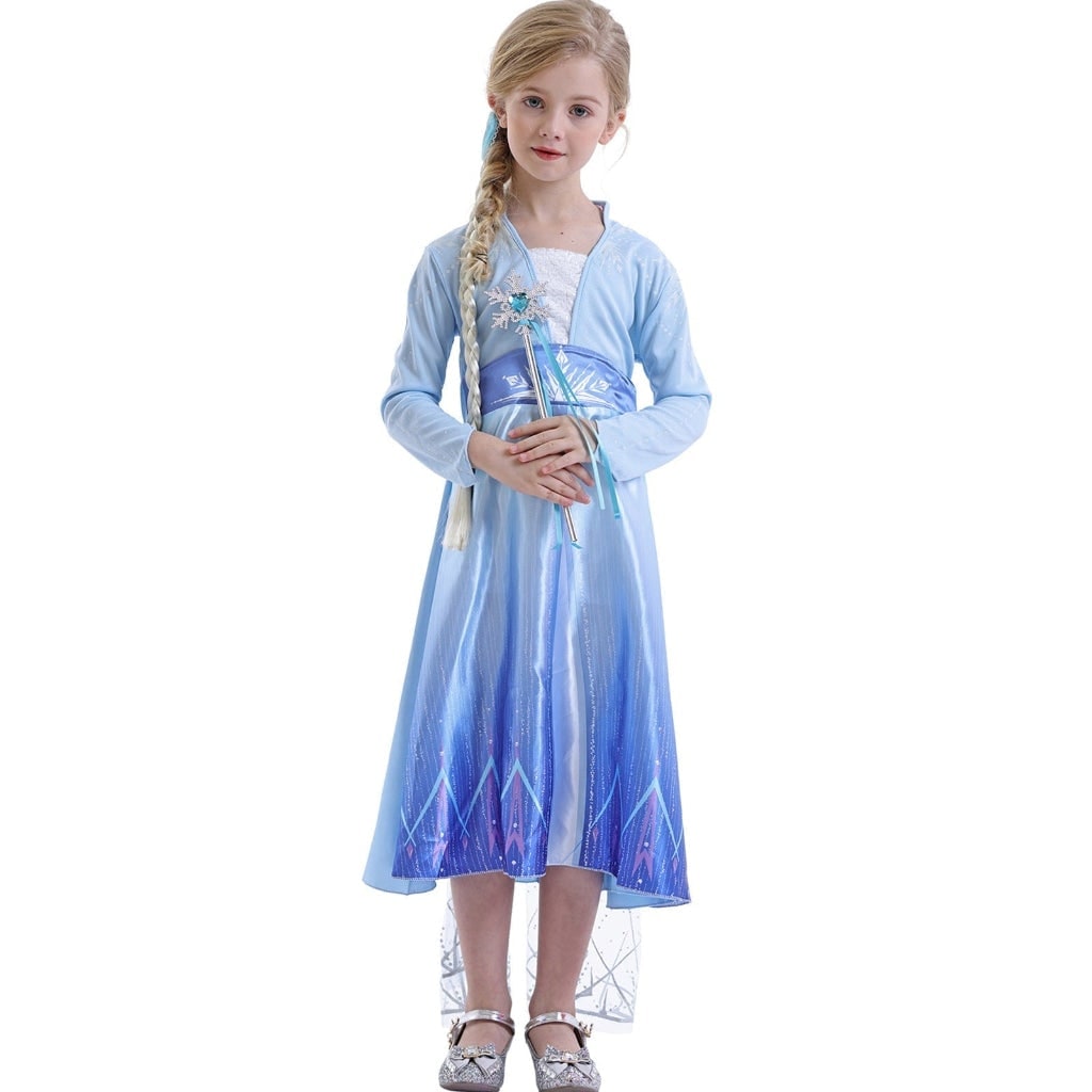 Girls Princess Halloween Costume with Satin Gown Cape and Snowflake Wand Set
