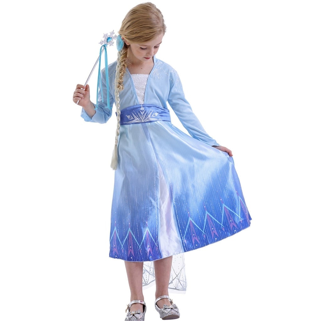 Girls Princess Halloween Costume with Satin Gown Cape and Snowflake Wand Set