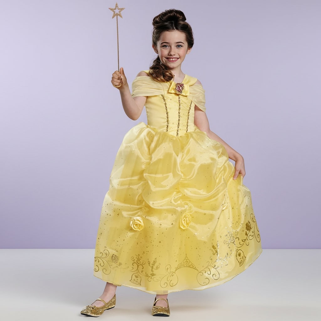 Girls Princess Dress with Gold Sequin Bodice Star Wand and Tulle Skirt