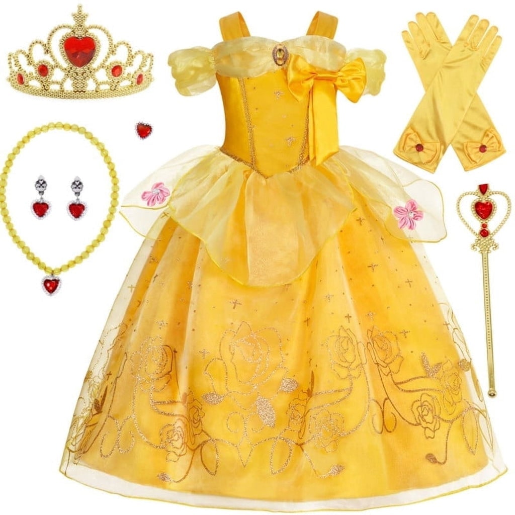 Girls Halloween Princess Costume Gown with Tulle Skirt Tiara and Gloves Set