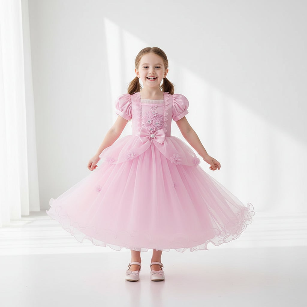 Girls Halloween Party Princess Dress with Puff Sleeves and Layered Tulle Skirt