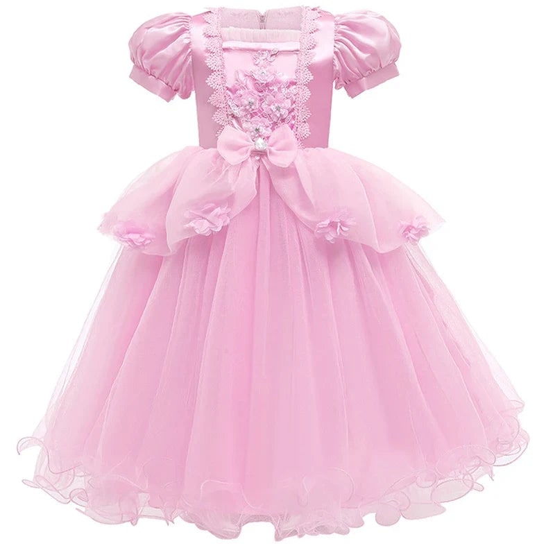 Girls Halloween Party Princess Dress with Puff Sleeves and Layered Tulle Skirt