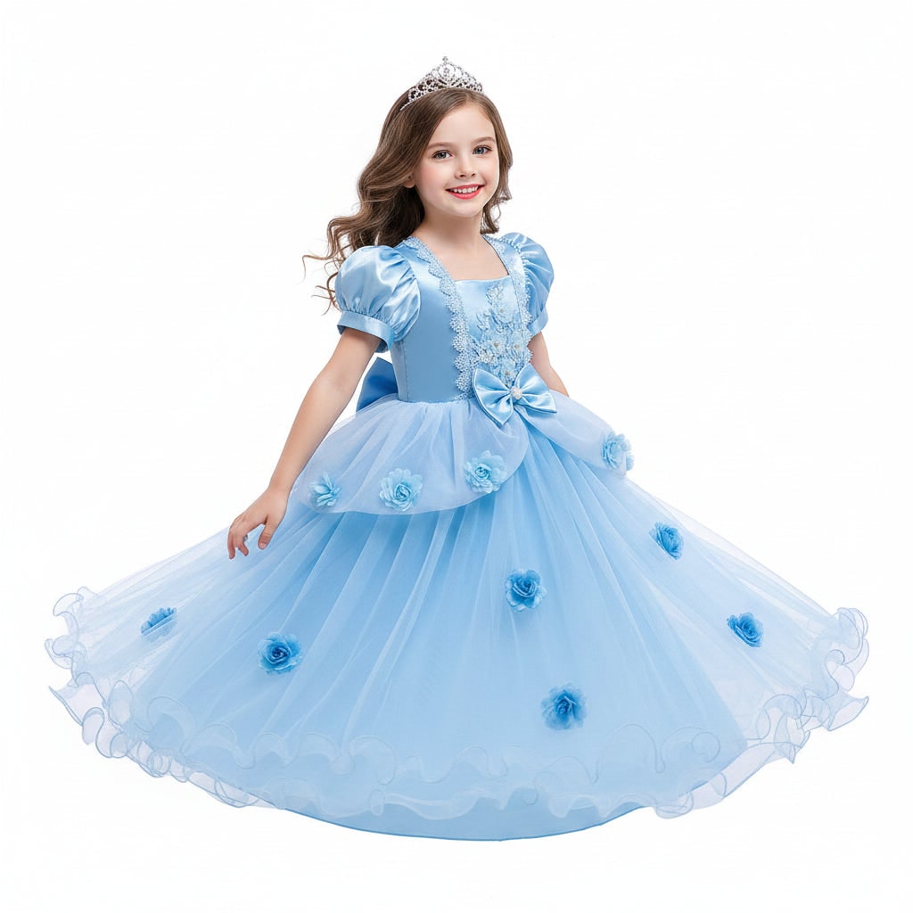 Girls Halloween Party Princess Dress with Puff Sleeves and Layered Tulle Skirt
