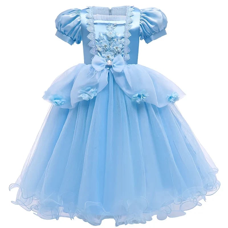 Girls Halloween Party Princess Dress with Puff Sleeves and Layered Tulle Skirt