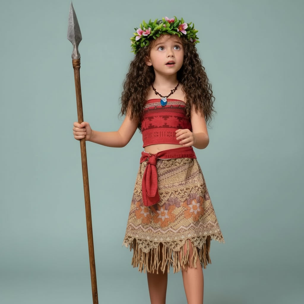 Girls Halloween Island Princess Costume Two Piece Set with Fringe Skirt and Waist Sash